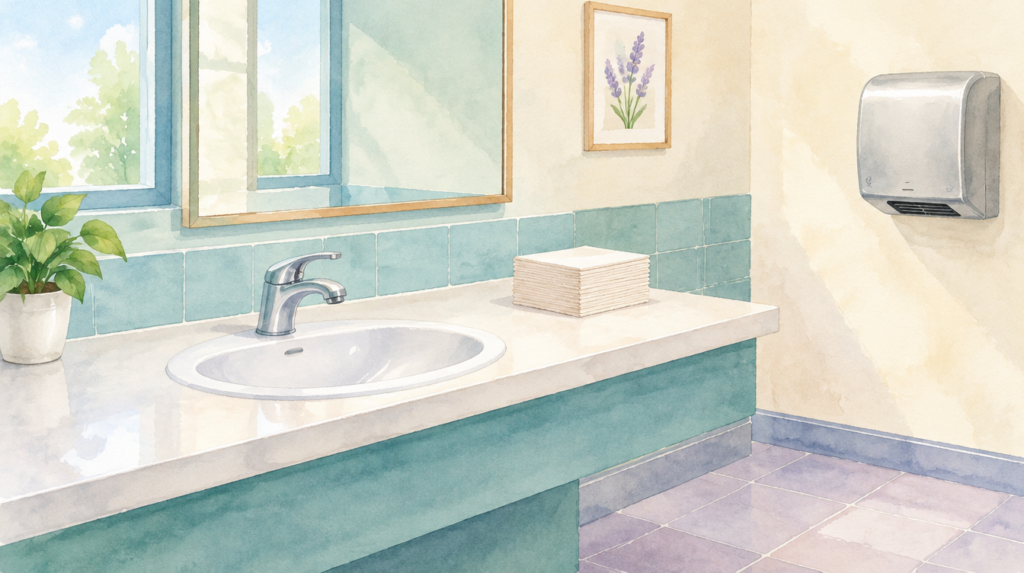 Watercolor illustration of a bathroom sink with paper towels beside it and a hand dryer on the wall.