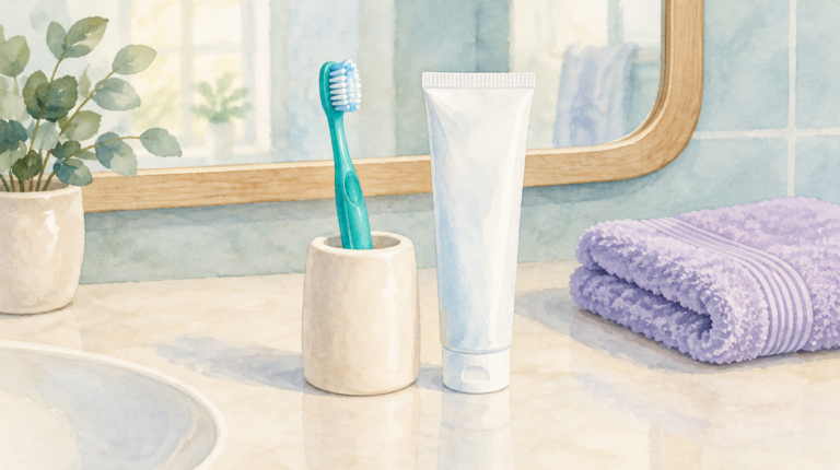 Watercolor illustration of a teal toothbrush in a holder beside a closed toothpaste tube and folded lavender towel.