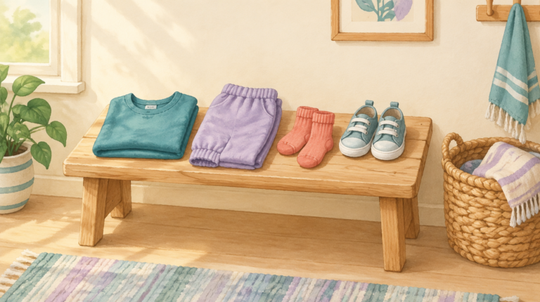 Illustration of a folded shirt, elastic-waist pants, socks and small sneakers arranged on a wooden bench.