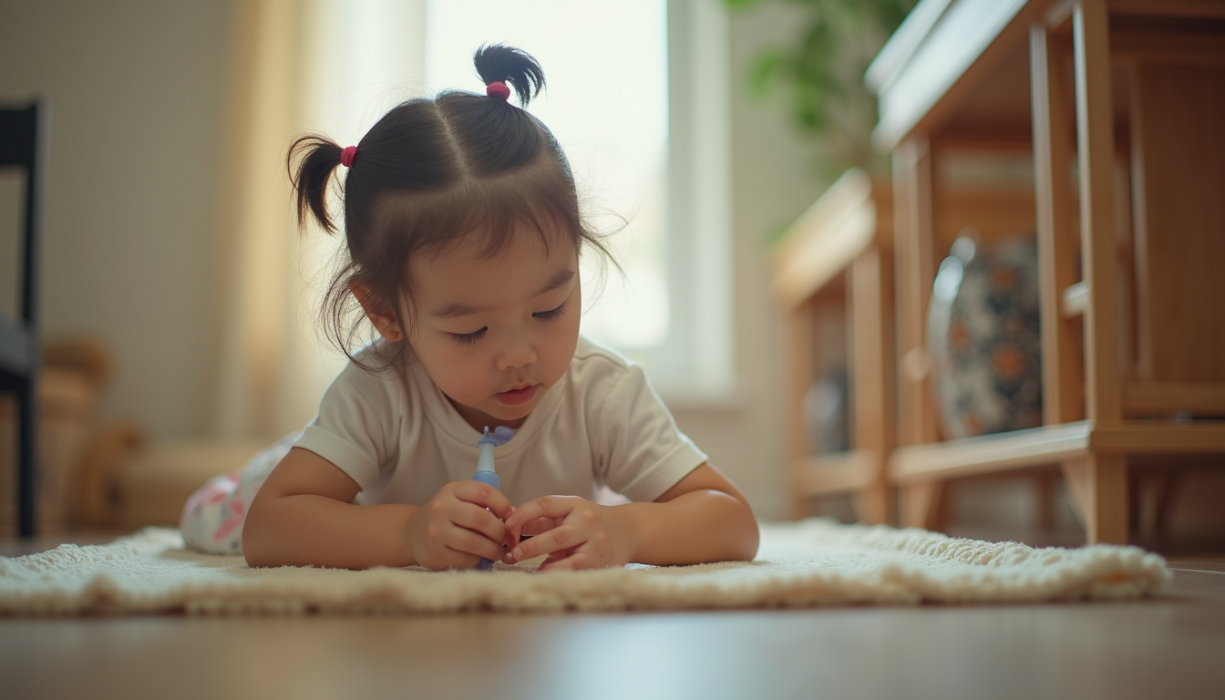 Eye-level view of a child practicing self-care skills