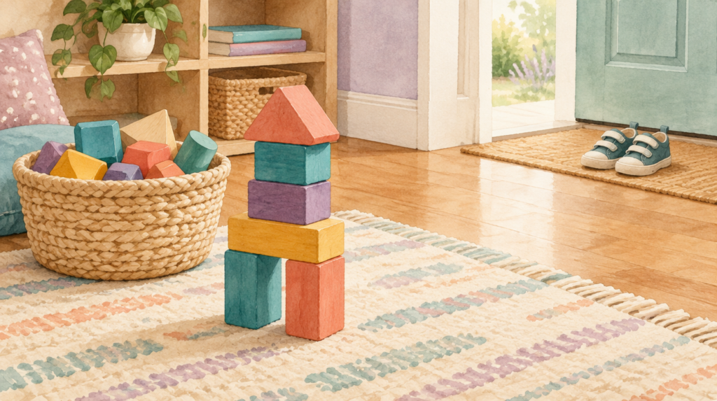 Illustration of a colorful block tower and toy basket, with small shoes waiting near a doorway.