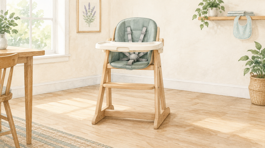 Watercolor illustration of an empty wooden high chair with a tray, harness and footrest in a clear dining space.