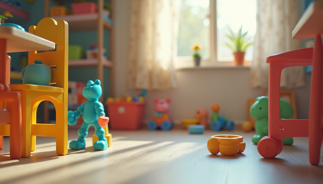 Eye-level view of a colorful playroom filled with toys and learning materials
