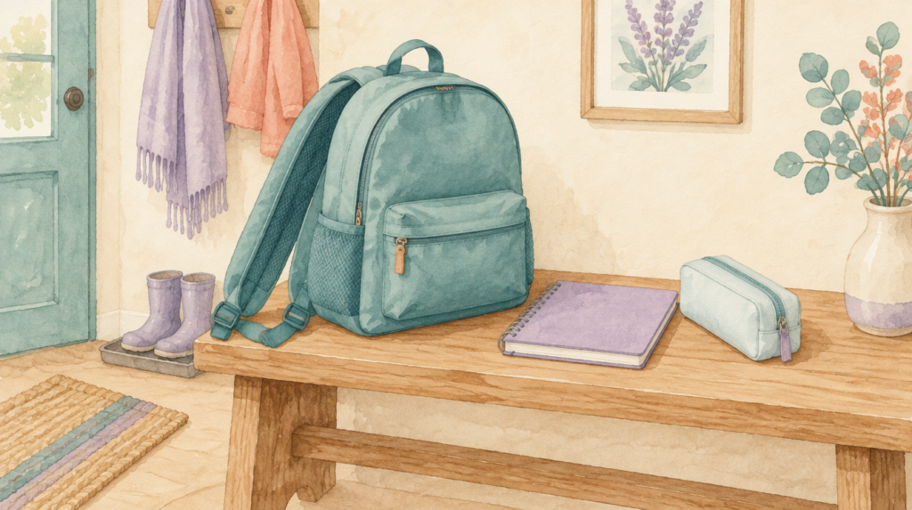 Watercolor illustration of a teal school backpack, notebook and pencil case on an entryway bench.
