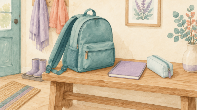 Watercolor illustration of a teal school backpack, notebook and pencil case on an entryway bench.