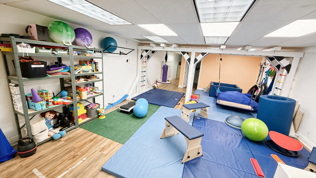 Sensory Bridge therapy gym with padded mats, swings, therapy balls, and shelves of activity materials.