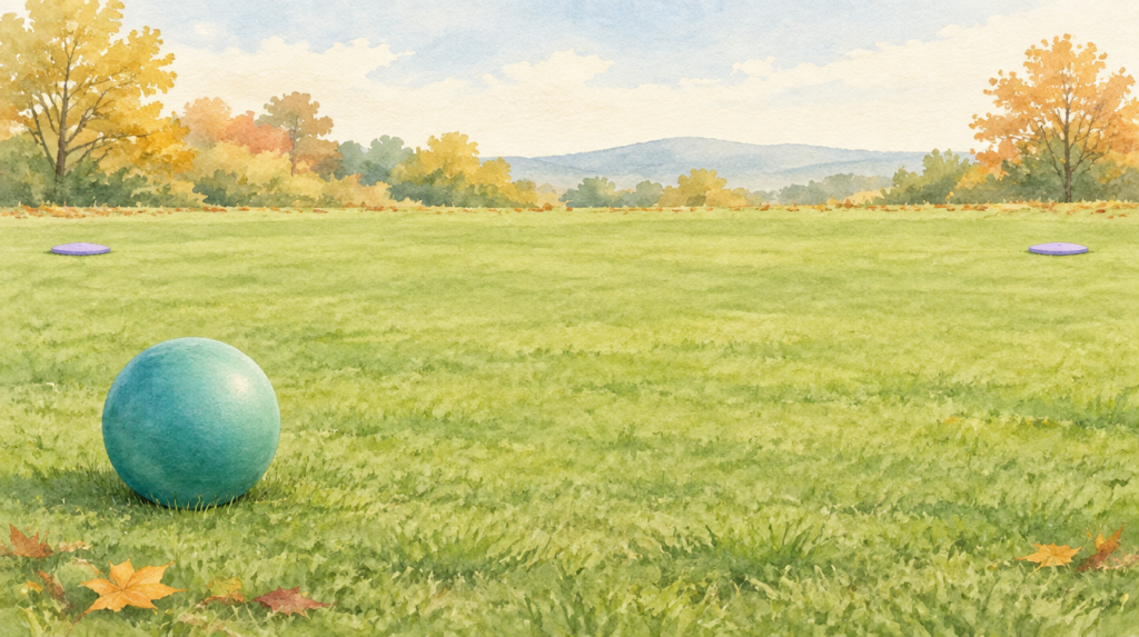 Watercolor illustration of a teal ball on level grass facing two widely spaced flat lavender markers.