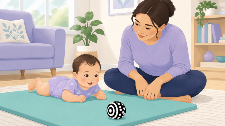 Illustration of an awake baby resting on their tummy on a floor mat while a caregiver watches nearby.