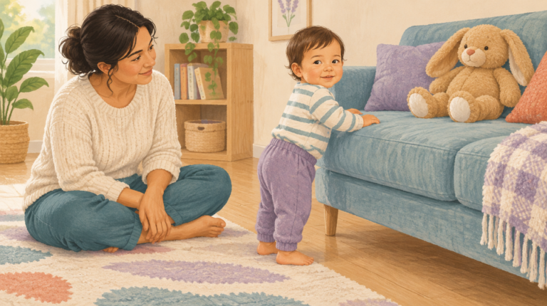 Illustration of a barefoot toddler standing with hands on a sofa while a caregiver watches nearby.