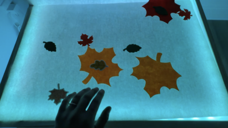 Leaf shapes illuminated on a blue light table.