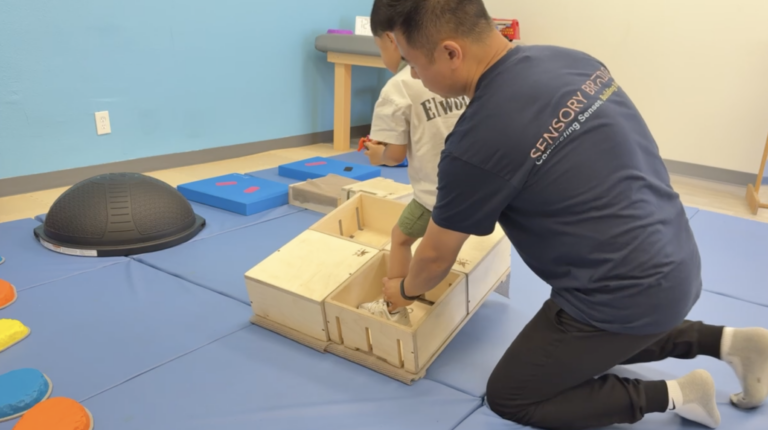 Therapist supporting a child stepping through a wooden DMI box activity.